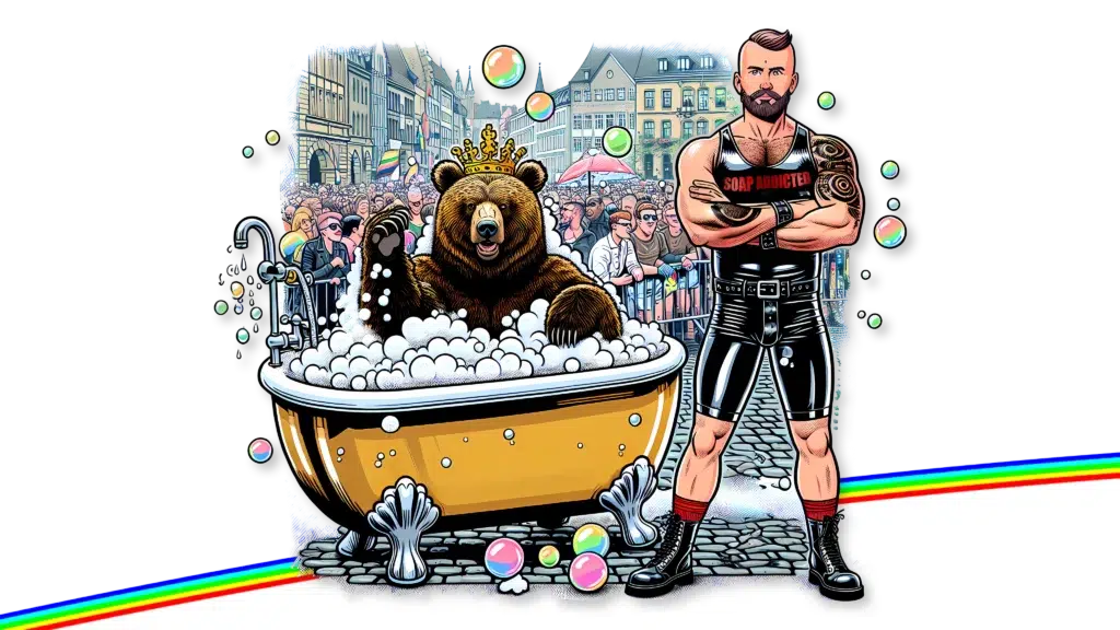 Ein Cartoonbild eines Mannes mit einem Bären in einer Badewanne.