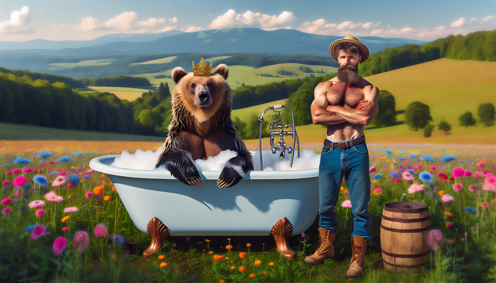 Ein Mann und ein Bär in einer Badewanne.