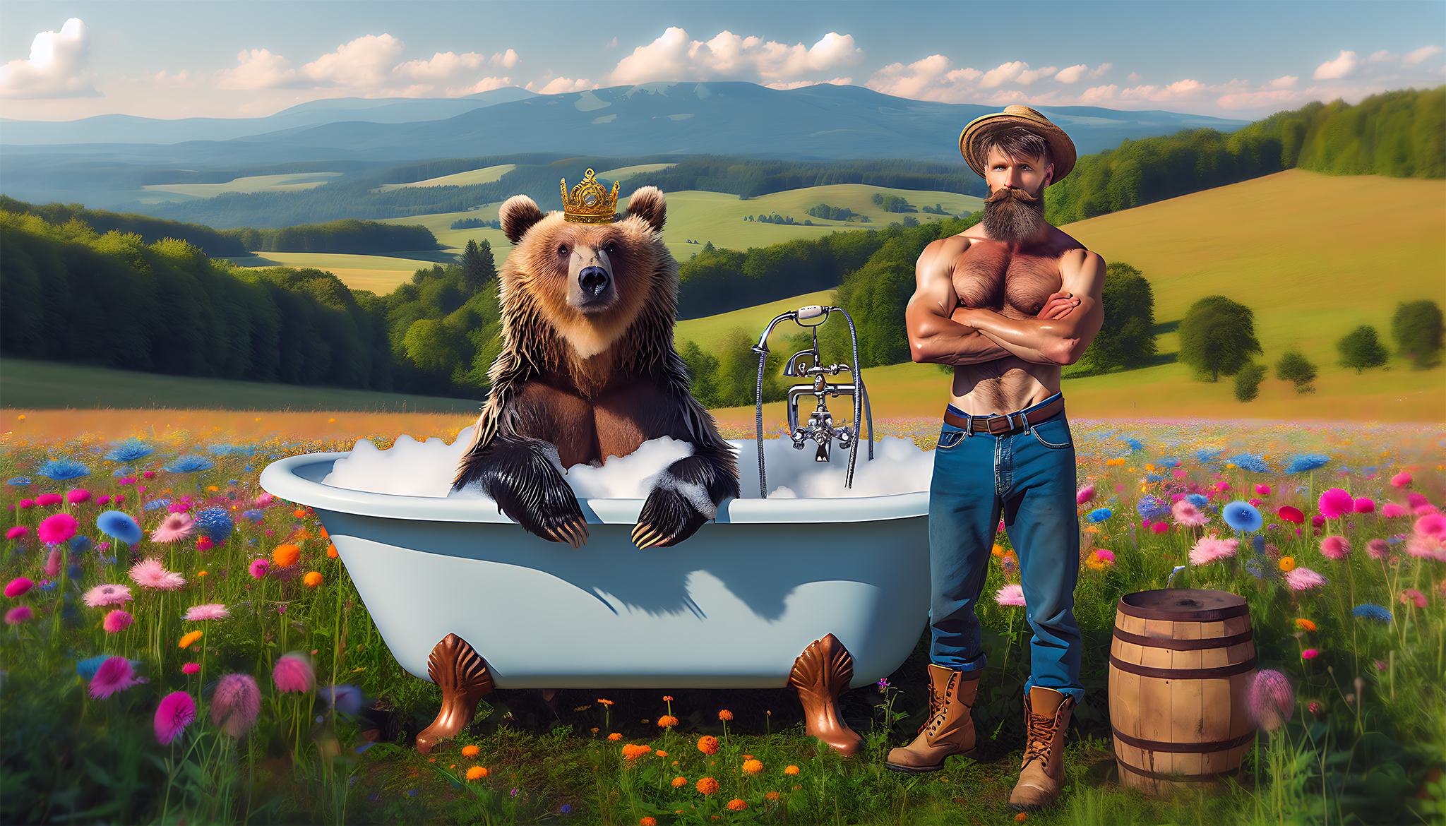 Ein Mann und ein Bär in einer Badewanne.