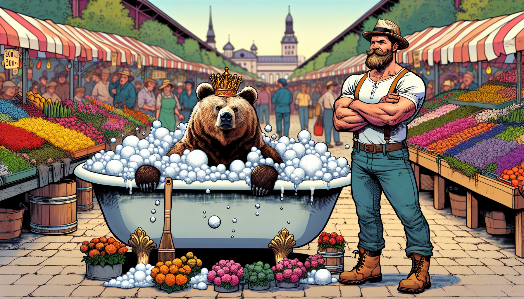Ein Mann in einer Badewanne neben einem Bären auf einem Markt.