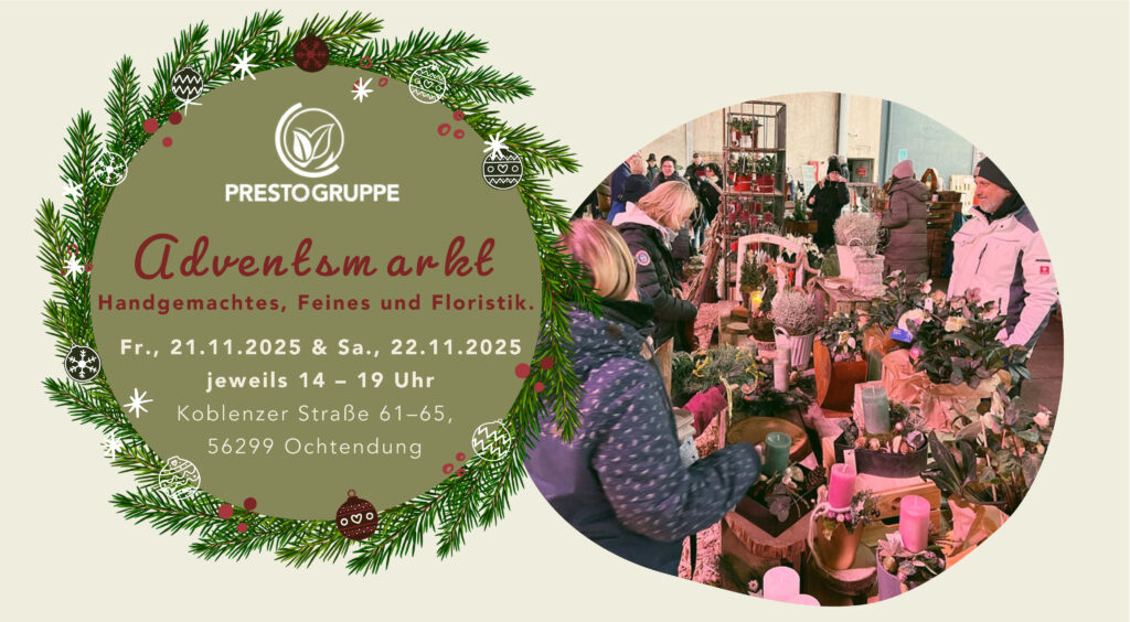 Menschen stöbern an den Ständen des von der PRESTOGRUPPE organisierten Adventsmarkts in Ochtendung, Deutschland, in handgefertigtem Kunsthandwerk, Dekorationen und floralen Artikeln. Details zur Veranstaltung finden Sie auf der linken Seite.