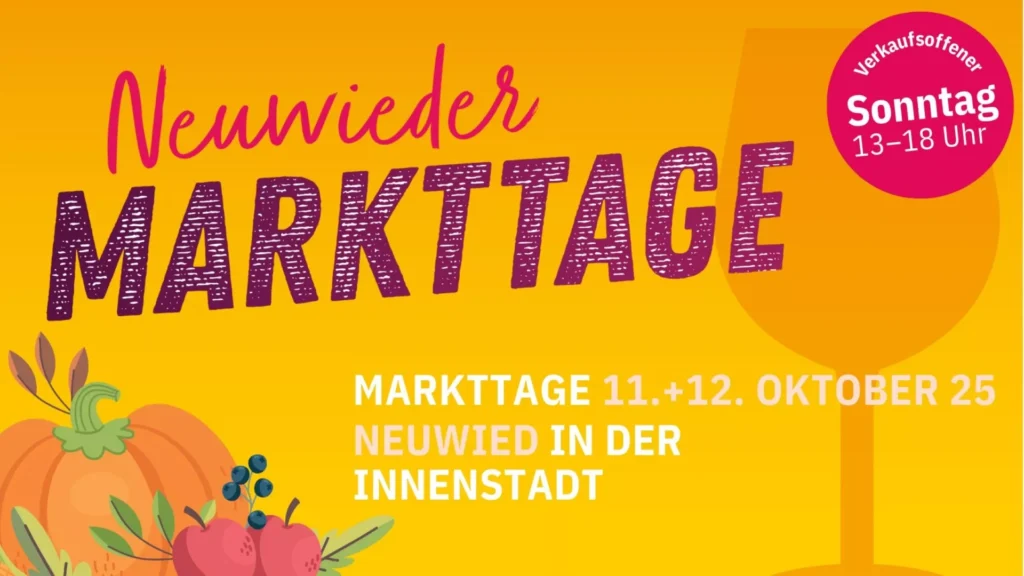 Werbeplakat für die Neuwieder Markttage am 11. und 12. Oktober 2025 in der Neuwieder Innenstadt, mit Sonderöffnung am Sonntag von 13-18 Uhr.